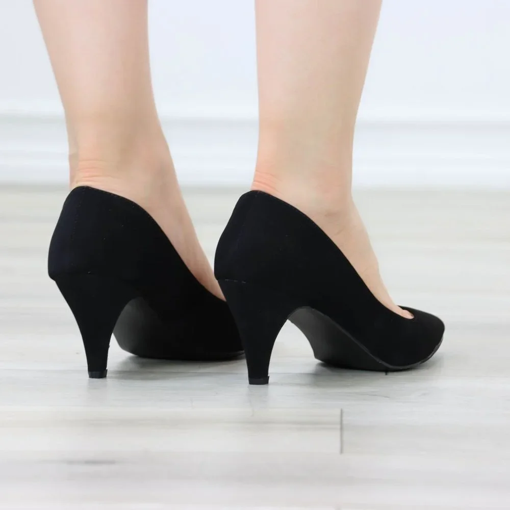 Kitten Low Heel Shoes Rockabilly Vintage Style Pointed Toe Pumps Black Nubuck - Picture 6 of 12